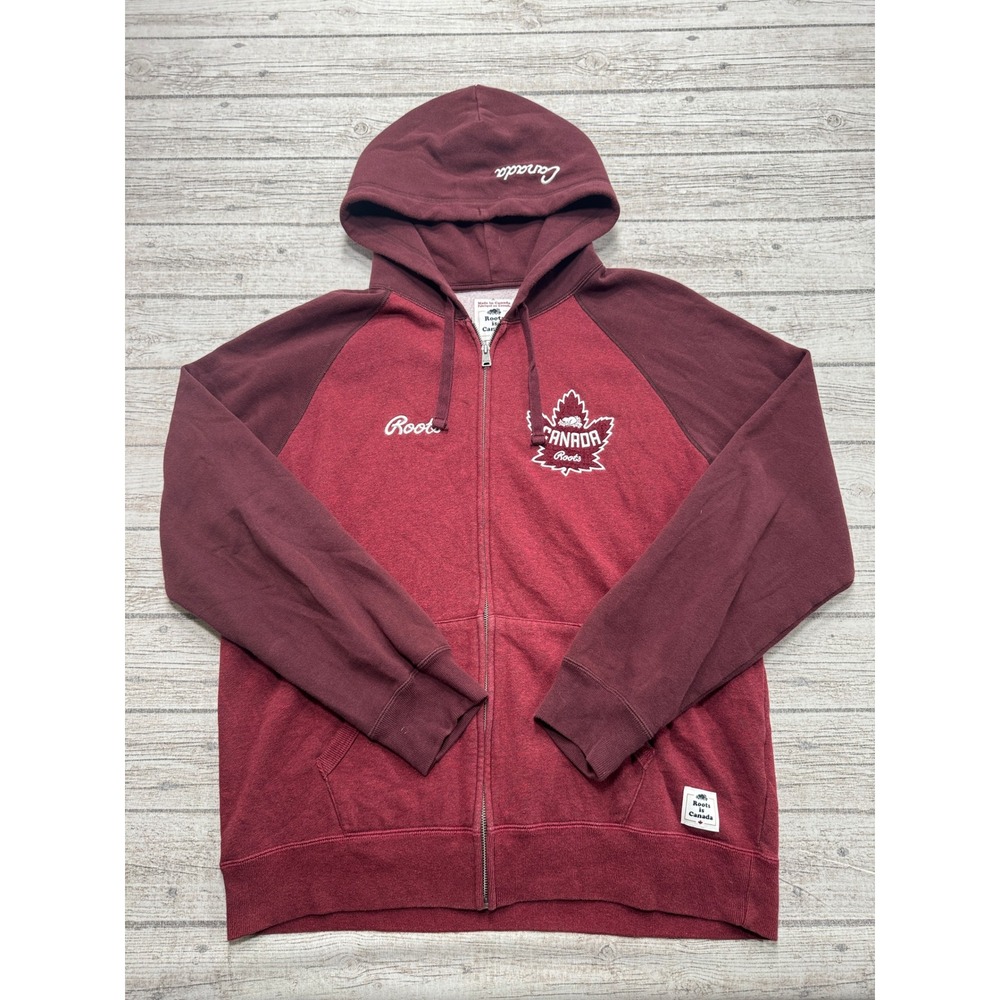 Roots Hoodie Men's XL Burgundy Zip Up Maple Leaf Fleece Varsity Lounge Canada
